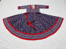 Blue Anarkali Dress with red and white patterns
